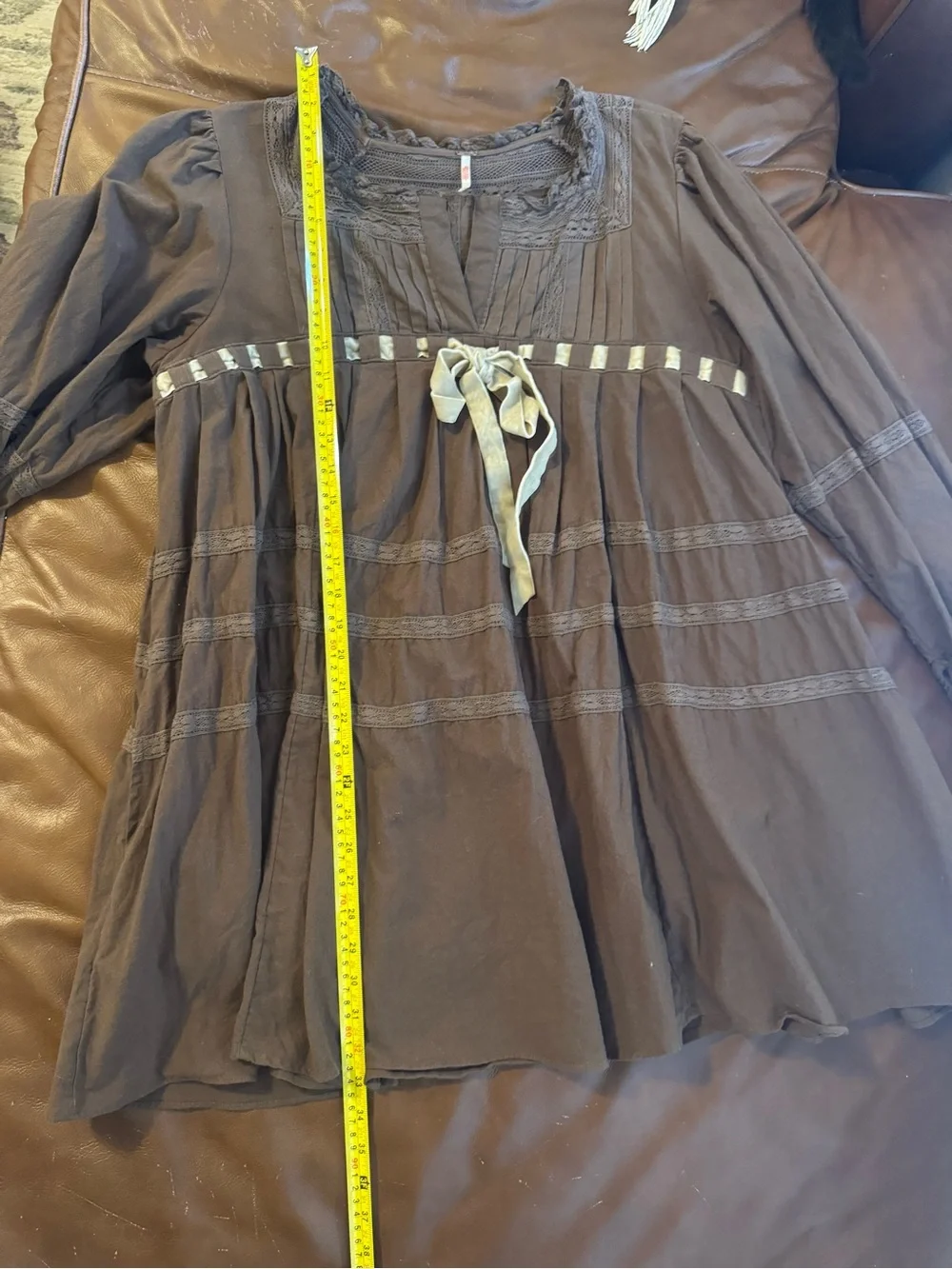 Free People Boho Peasant Tunic Dress with Contrast Ribbon Tie - Brown & Cream - Picture 6 of 7